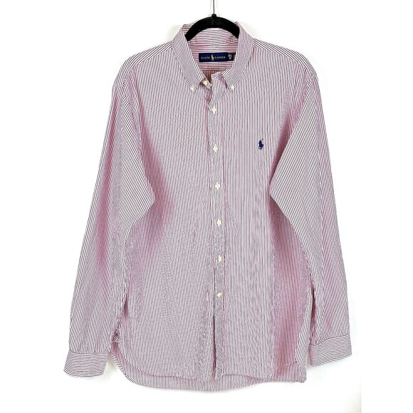 Ralph Lauren Fitted Button Down Shirt Red & Navy Blue Pinstripe Men's 16.5 34/35 - Picture 1 of 8